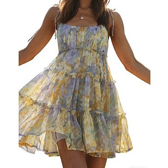Women Dress Floral Tiered Mini Dress Flowy Spaghetti Strap Summer Sundress