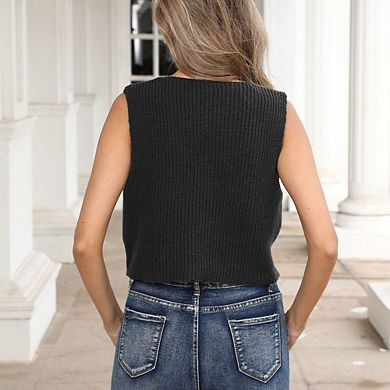 Women Cropped Knit Vest Sleeveless Tie-Front Floral Cardigan