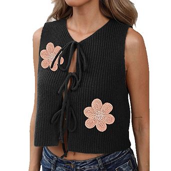 Women Cropped Knit Vest Sleeveless Tie-Front Floral Cardigan