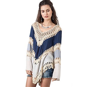 Women Crochet Color Block Cover Up V-Neck Long Sleeve Beach Tunic Shirt