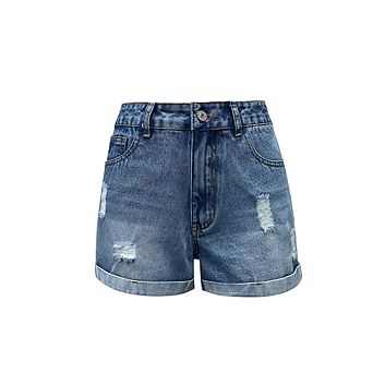 Women Distressed Denim Shorts High Waisted Rolled Hem Jean Shorts with Pockets
