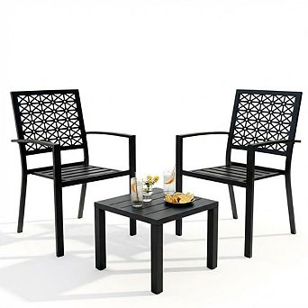 3 pc Outdoor Bistro Set Stackable Patio Chairs Square Table Modern Metal Furniture