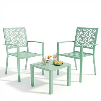 3 pc Outdoor Bistro Set Stackable Patio Chairs Square Table Modern Metal Furniture