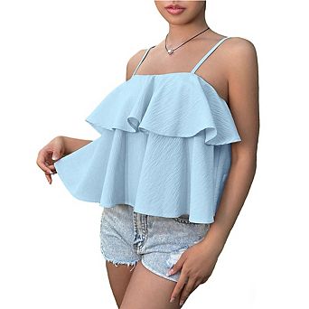 Women Double Ruffle Spaghetti Strap Cami Top Flowy Peplum Tank