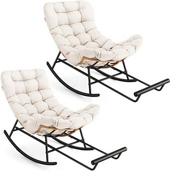 2 pc Papasan Rocking Chair with Foot Rest PE Rattan Metal Frame Indoor Outdoor Lounge Chair