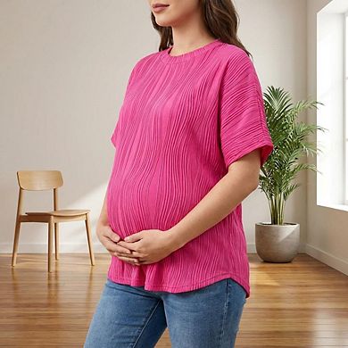 Women’s Maternity Shirts Textured Short Sleeve Tee Crew Neck Loose Fit Pregnancy Tunic Top