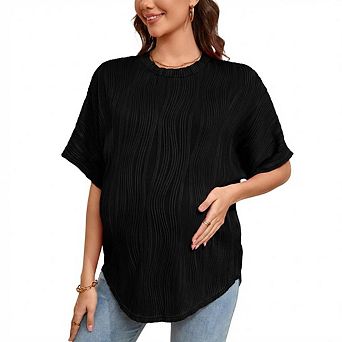 Women’s Maternity Shirts Textured Short Sleeve Tee Crew Neck Loose Fit Pregnancy Tunic Top