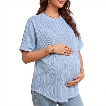 Women’s Maternity Shirts Textured Short Sleeve Tee Crew Neck Loose Fit Pregnancy Tunic Top