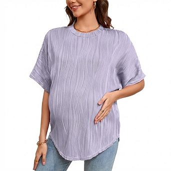 Women’s Maternity Shirts Textured Short Sleeve Tee Crew Neck Loose Fit Pregnancy Tunic Top