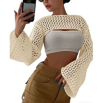 Women Crochet Knit Shrug Long Bell Sleeve Crop Top Sheer Layering Cover Up