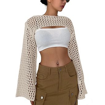 Women Crochet Knit Shrug Long Bell Sleeve Crop Top Sheer Layering Cover Up