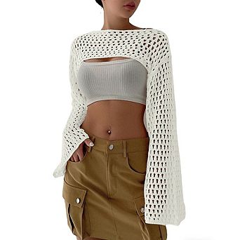 Women Crochet Knit Shrug Long Bell Sleeve Crop Top Sheer Layering Cover Up
