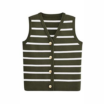 Women'S V-Neck Sleeveless Button Contrasting Striped Top With A Stylish Business Sweater Vest
