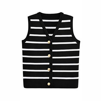 Women'S V-Neck Sleeveless Button Contrasting Striped Top With A Stylish Business Sweater Vest