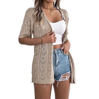 Women's Crochet Knit Cardigan Sweaters Short Sleeve Open Front Cardigans Lightweight Tops Vacation
