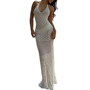 Women Crochet Halter Maxi Swimsuit Cover-Up Open Back Lace Beach Dress