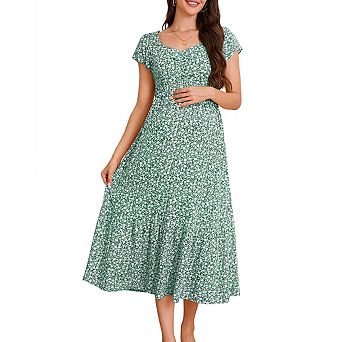 Women's Maternity Sweetheart Neck Short Sleeve Floral Print Smocked Bodice Midi Dress