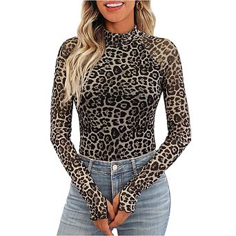 Women's Half Turtleneck Long-Sleeved T-Shirt Mesh Printed Top