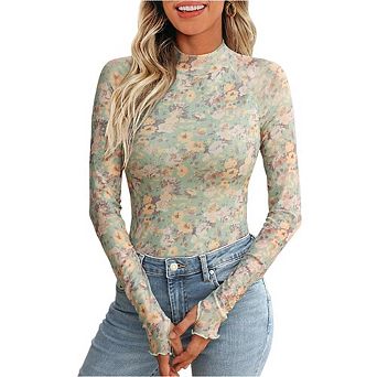 Women's Half Turtleneck Long-Sleeved T-Shirt Mesh Printed Top