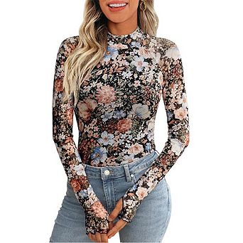 Women's Half Turtleneck Long-Sleeved T-Shirt Mesh Printed Top
