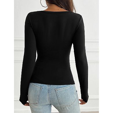 Women Long Sleeve Henley Shirts Slim Fitted Basic Casual Y2K Vintage Tops Base Layer Tees