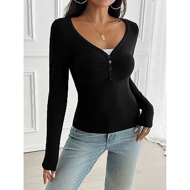 Women Long Sleeve Henley Shirts Slim Fitted Basic Casual Y2K Vintage Tops Base Layer Tees