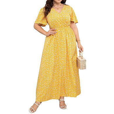 Women's Plus Size Wrap V Neck Maxi Dress Short Sleeve Split Hem Flowy Summer Dress