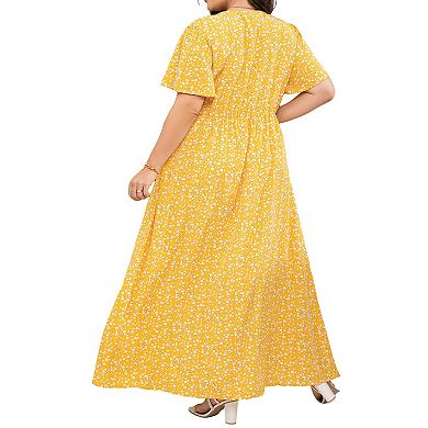 Women's Plus Size Wrap V Neck Maxi Dress Short Sleeve Split Hem Flowy Summer Dress