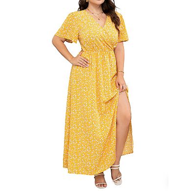 Women's Plus Size Wrap V Neck Maxi Dress Short Sleeve Split Hem Flowy Summer Dress
