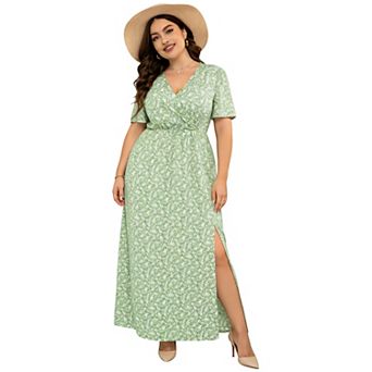 Women's Plus Size Wrap V Neck Maxi Dress Short Sleeve Split Hem Flowy Summer Dress