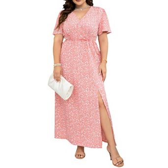 Women's Plus Size Wrap V Neck Maxi Dress Short Sleeve Split Hem Flowy Summer Dress