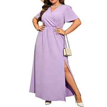 Women's Plus Size Wrap V Neck Maxi Dress Short Sleeve Split Hem Flowy Summer Dress