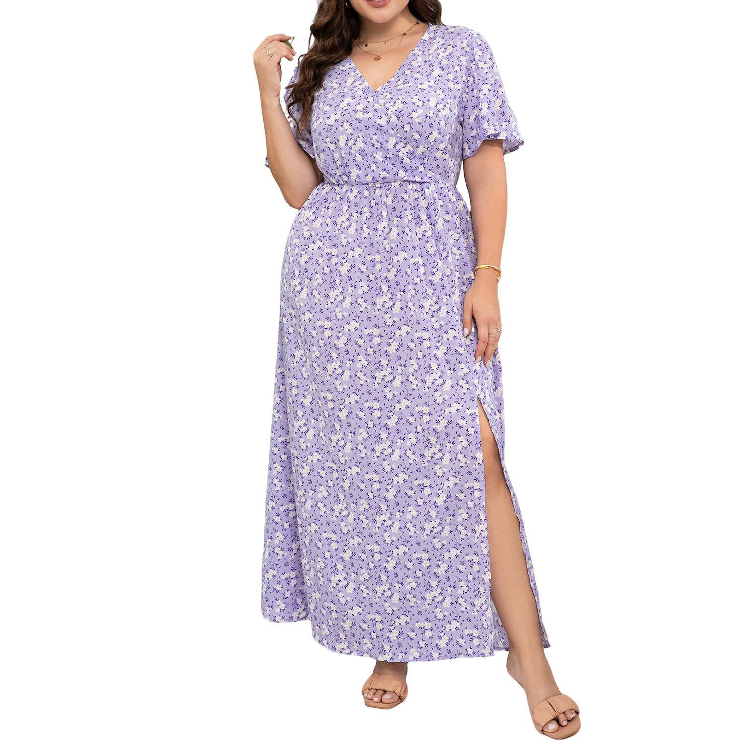 Женские платья Plus Size Wrap V Neck Maxi Dress Short Sleeve Split Hem Flowy Summer Dress