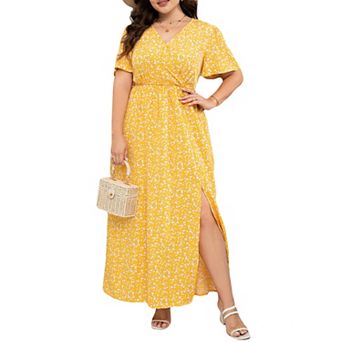 Women's Plus Size Wrap V Neck Maxi Dress Short Sleeve Split Hem Flowy Summer Dress