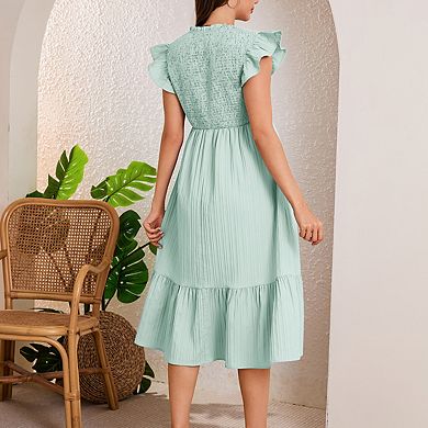 Women's Maternity V Neck Ruffle Cap Sleeve Smocked Bodice Texture Tiered Midi Dres