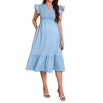 Women's Maternity V Neck Ruffle Cap Sleeve Smocked Bodice Texture Tiered Midi Dres