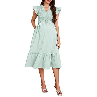 Women's Maternity V Neck Ruffle Cap Sleeve Smocked Bodice Texture Tiered Midi Dres
