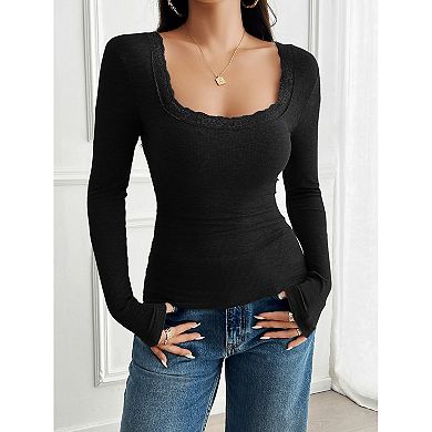 Women Square Neck Floral Lace Trim Inset Patchwork Long Sleeve Blouse Top Fitted Tops