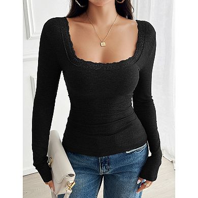 Women Square Neck Floral Lace Trim Inset Patchwork Long Sleeve Blouse Top Fitted Tops