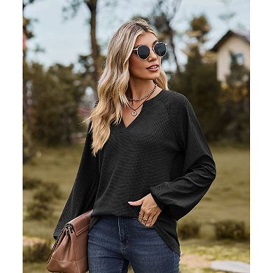 Women's Waffle Long Sleeve T Shirt Elegant Solid Color V Neck Loose Long Sleeve Pullover