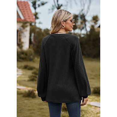 Women's Waffle Long Sleeve T Shirt Elegant Solid Color V Neck Loose Long Sleeve Pullover