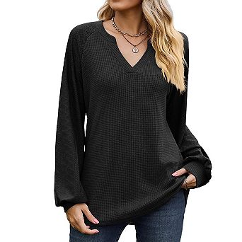 Women's Waffle Long Sleeve T Shirt Elegant Solid Color V Neck Loose Long Sleeve Pullover