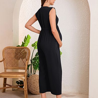 Maternity V Neck Sleeveless Wide Leg Jumpsuit Button Front Tie Waist Cropped Length Romper