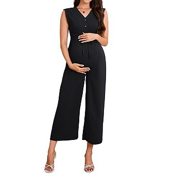 Maternity V Neck Sleeveless Wide Leg Jumpsuit Button Front Tie Waist Cropped Length Romper