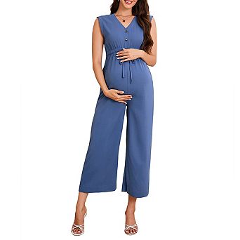 Maternity V Neck Sleeveless Wide Leg Jumpsuit Button Front Tie Waist Cropped Length Romper