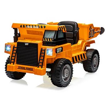 12V Kids Ride On Dump Truck, 4WD Electric Construction Vehicle w/Remote, Dump Bed, Music & Lights