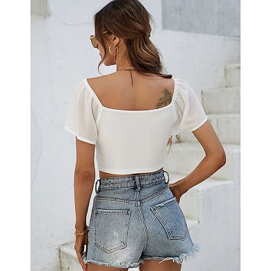 Women's Sweetheart Neck Flutter Short Sleeve Ruched Front Drawstring Cropped Top