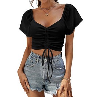 Women's Sweetheart Neck Flutter Short Sleeve Ruched Front Drawstring Cropped Top