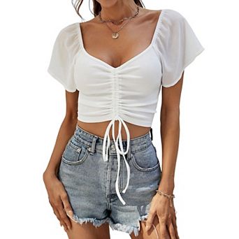 Women's Sweetheart Neck Flutter Short Sleeve Ruched Front Drawstring Cropped Top