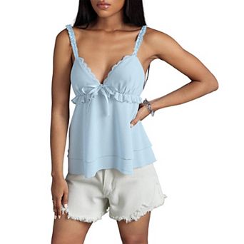 Women's Lace Detail Layered Cami Tank Top with Bow and Frill Trim for Casual Summer Wear